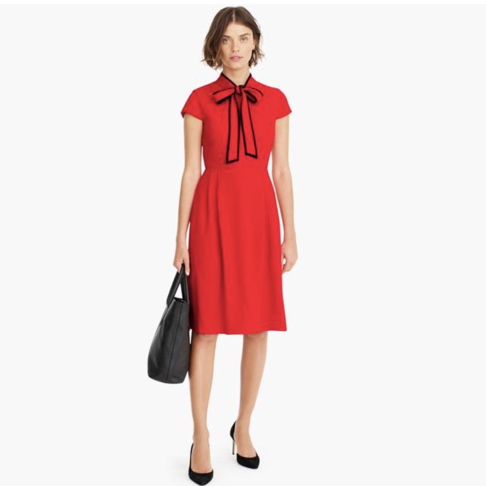 J. Crew Red Midi Dress with Navy Trim Bow